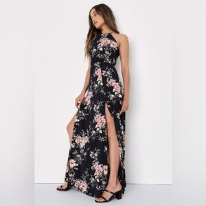 lulu’s Feel the Music Midnight Blue Floral Print Maxi Dress small s NwT